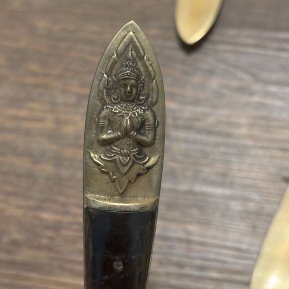 Vintage 12 Pieces MCM Siam Thailand Bronze Rose Wood Brass Tone Flatware - Picture 7 of 7
